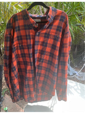 Men's Duluth Trading Co Orange Navy Plaid Casual Button Down Shirt 3XL